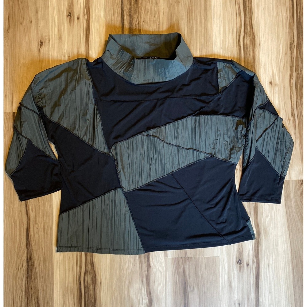 Kozan Annalise Mixed Media Top Pesto Olive Green Black Mock Cowl Neck Med